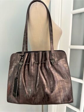 Sharif Metallic Bronze Croc-Texture Shoulder Bag